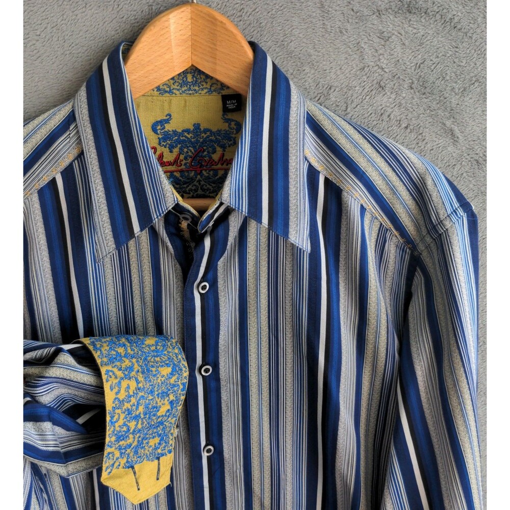 Robert Graham Button Up Shirt Size Med Blue Embroidered Flip Cuffs Dress Shirt
